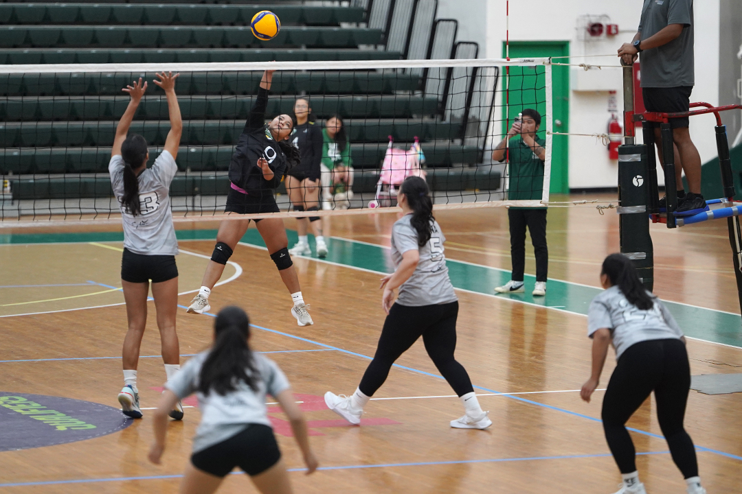 Lady Tritons team member spikes volleyball towards opponent