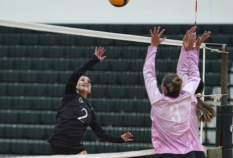 player in pink jersey blocks spike from player in black jersery